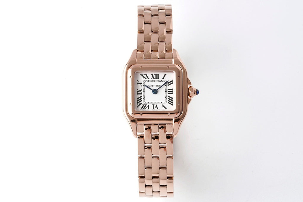 Cartier watch with rose gold-tone bracelet and rectangular dial with Roman numerals.