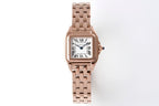 Cartier watch with rose gold-tone bracelet and rectangular dial with Roman numerals.