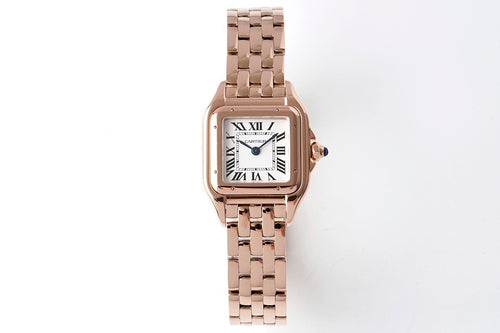 Cartier watch with rose gold-tone bracelet and rectangular dial with Roman numerals.