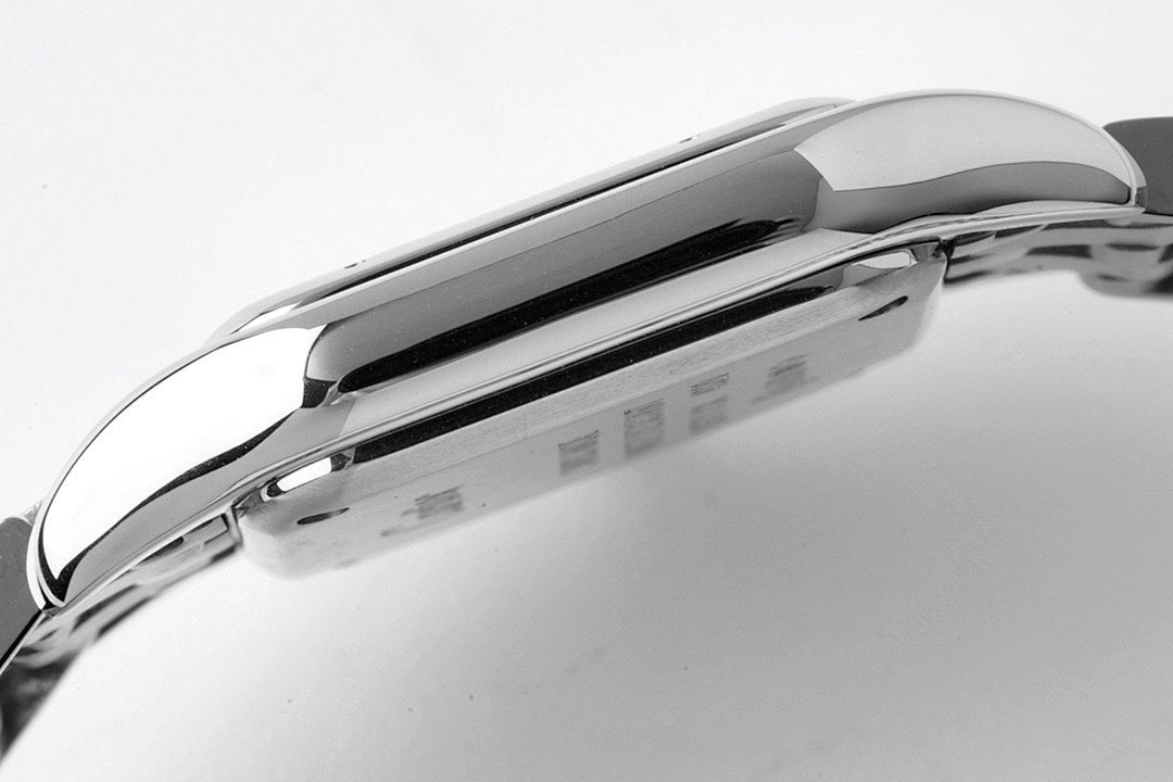 Cartier watch side profile with polished stainless-steel case and bezel