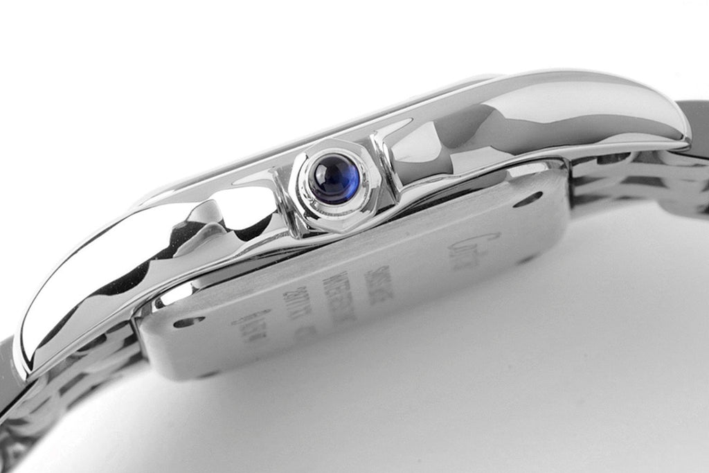 Cartier watch angled side view with crown and blue dial detail
