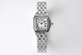 Cartier watch with silver metal bracelet and rectangular diamond bezel