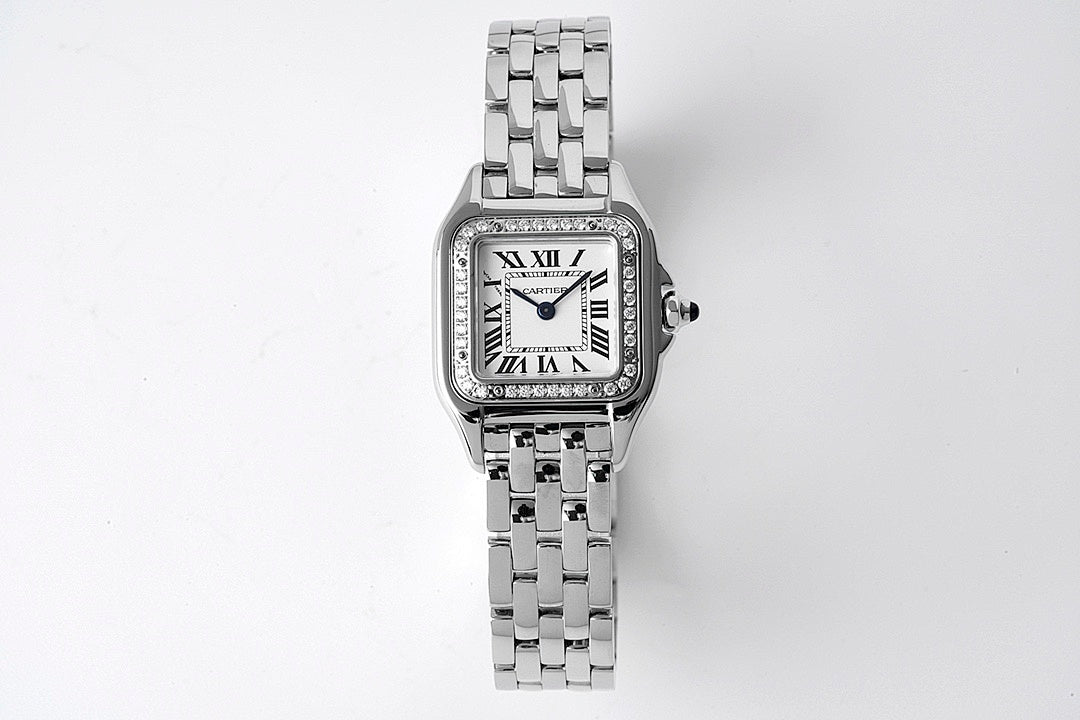 Cartier watch with silver metal bracelet and rectangular diamond bezel