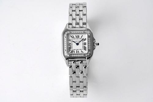 Cartier watch with silver metal bracelet and rectangular diamond bezel