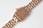 Rose gold Cartier watch case with crown area and linked bracelet strap
