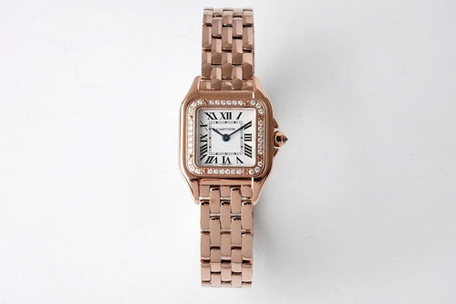 Cartier rose gold watch with diamond bezel, roman numeral dial, and metal bracelet