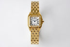 Gold-tone wristwatch with rectangular gem bezel, Roman numeral dial, linked bracelet