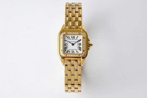 Gold-tone wristwatch with rectangular gem bezel, Roman numeral dial, linked bracelet