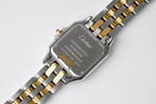 Cartier watch case back with text including "Stainless steel" and water resistant