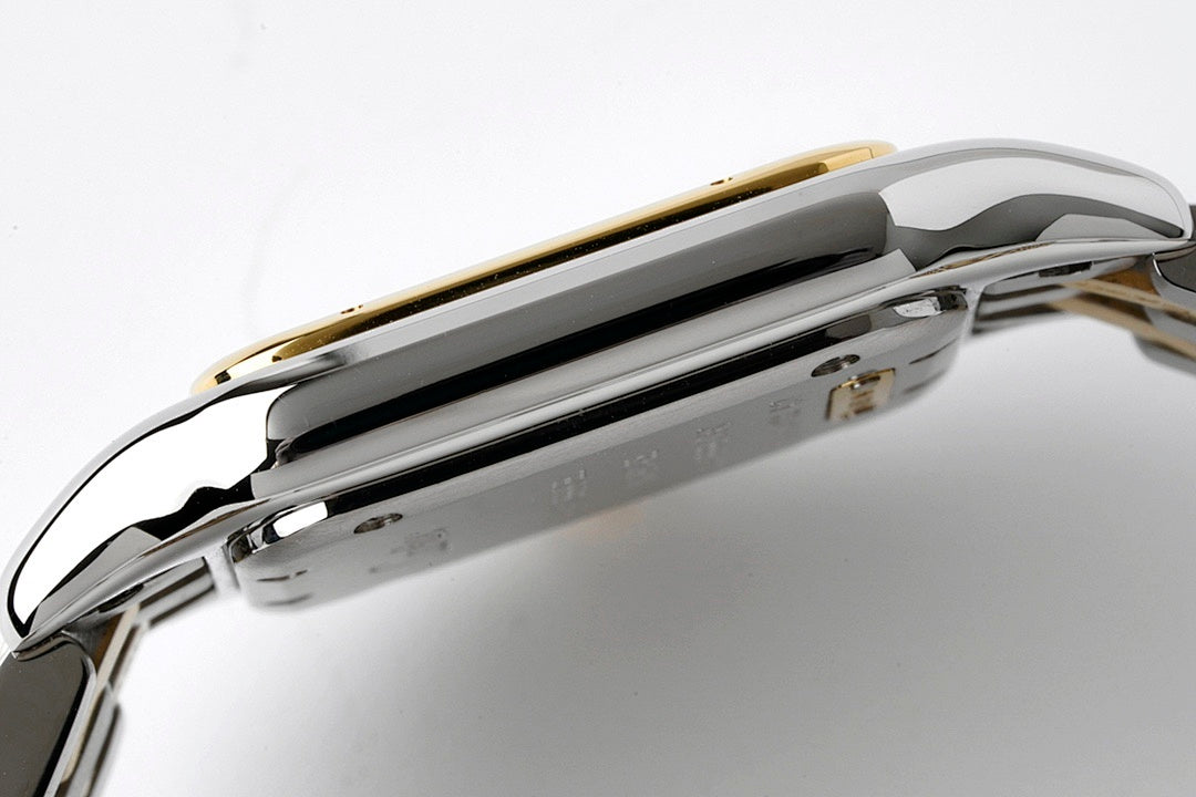 Cartier rectangular wristwatch case in polished steel with gold trim