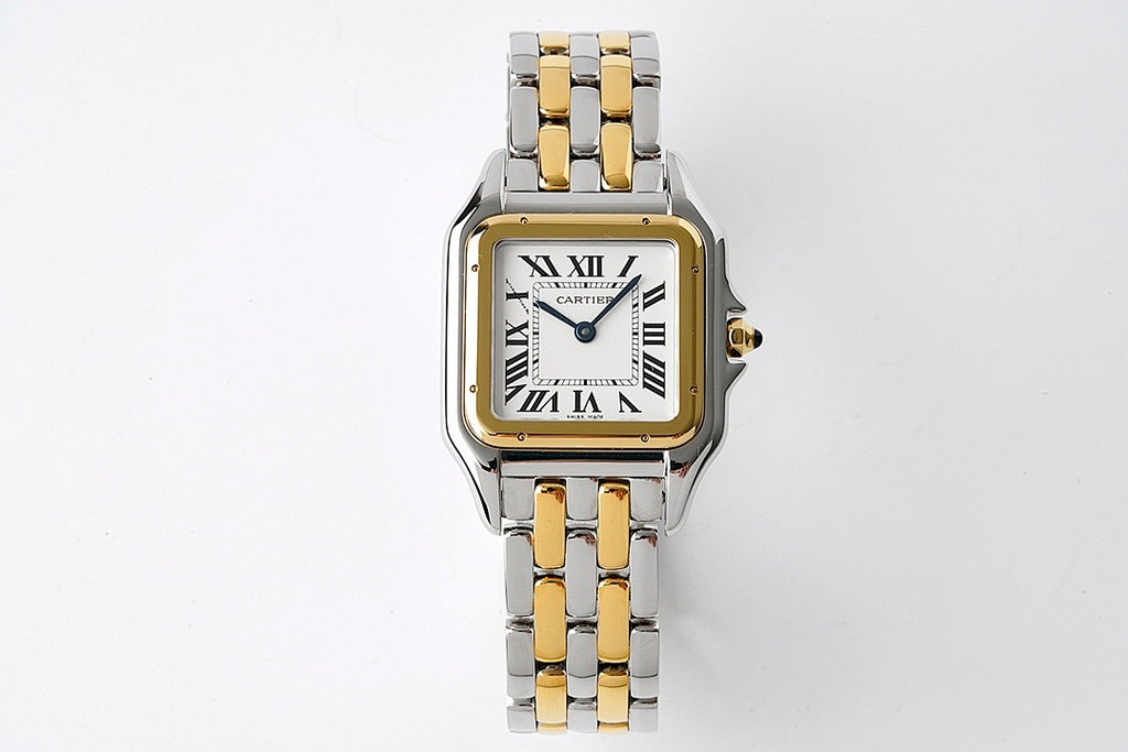 Cartier two-tone stainless steel wristwatch with gold bezel and white Roman numeral dial
