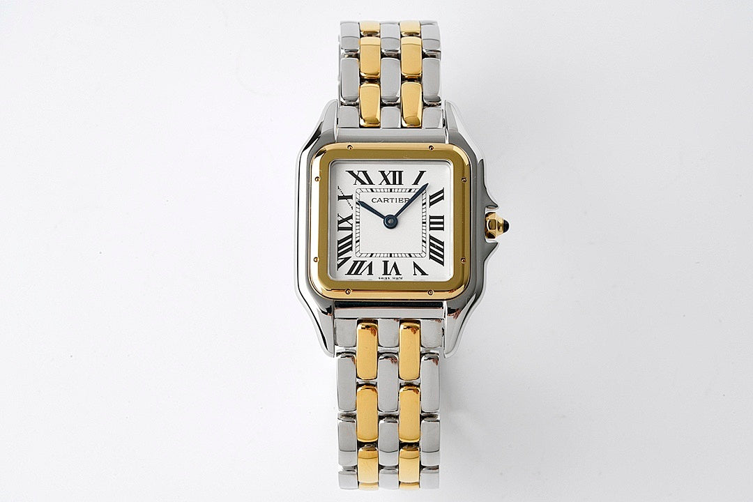 Cartier two-tone stainless steel wristwatch with gold bezel and white Roman numeral dial