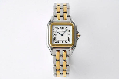 Cartier two-tone stainless steel wristwatch with gold bezel and white Roman numeral dial
