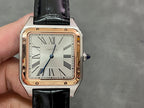Cartier wristwatch front view, black leather strap and Roman numeral dial in square case