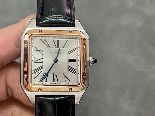 Cartier wristwatch front view, black leather strap and Roman numeral dial in square case