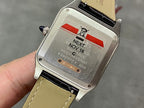 Cartier wristwatch back plate with protective sticker, black leather strap