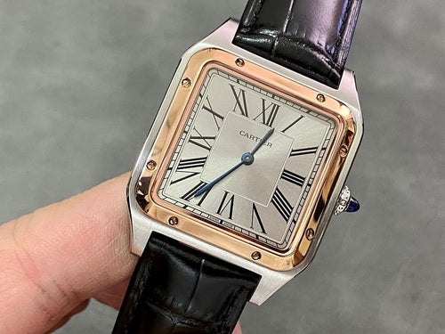 Cartier wristwatch with black leather strap, square dial with Roman numerals