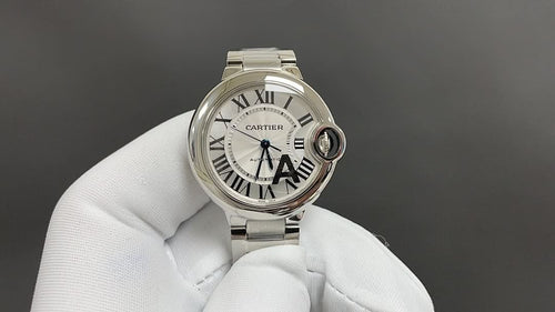 Cartier watch, silver metal bracelet, white dial with Roman numerals and blue hands