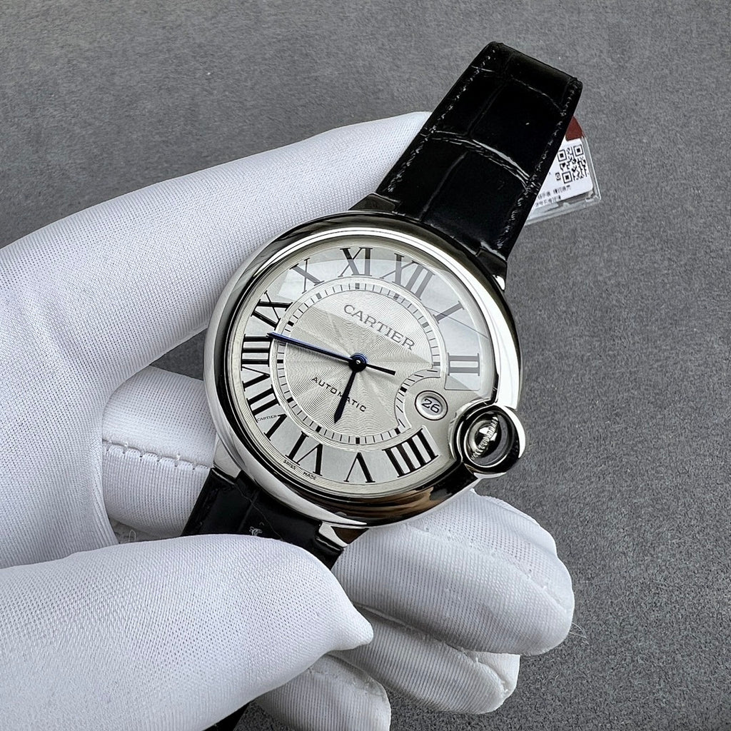 Cartier watch front view with black leather strap, Roman numeral white dial, crown detail.