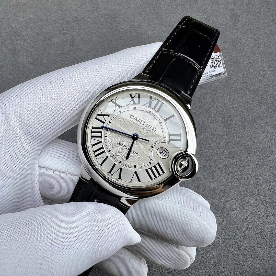 Cartier watch front view with black leather strap, Roman numeral white dial, crown detail.