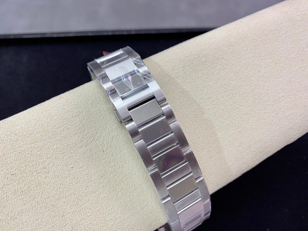 Cartier wristwatch stainless steel link bracelet on display with clasp end