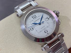 Cartier wristwatch front angled view with silver dial, blue hands, and steel bracelet