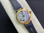 Cartier watch with gold caseback, see-through dial, and blue leather strap