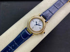 Cartier watch front view with blue leather strap and diamond bezel on display