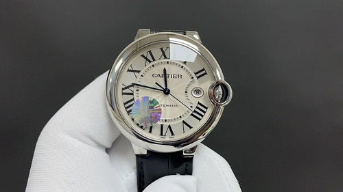 Cartier wristwatch with silver case, Roman dial, black leather strap