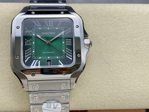 Cartier wristwatch with green dial, silver case and linked bracelet, Roman numerals