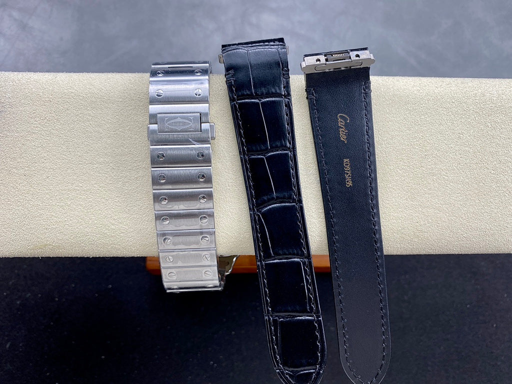 Cartier watch straps and bracelet: dark blue leather strap and silver link bracelet