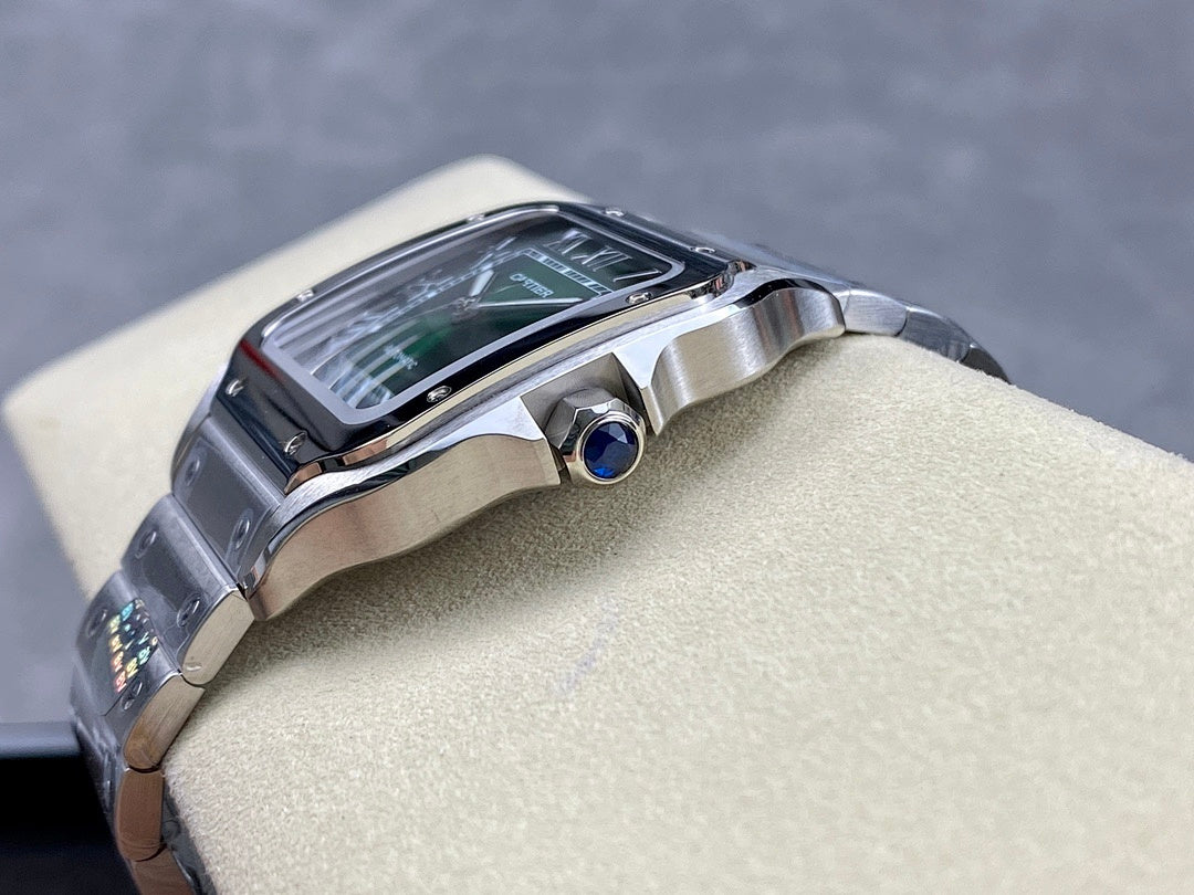 Cartier wristwatch with green dial, silver case, and blue-accent crown