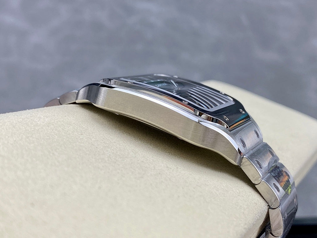 Cartier wristwatch side profile with ridged bezel and brushed silver case