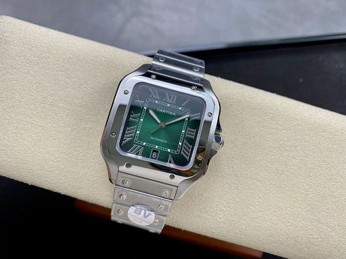 Men's Cartier wristwatch with green dial and silver metal bracelet, Roman numerals