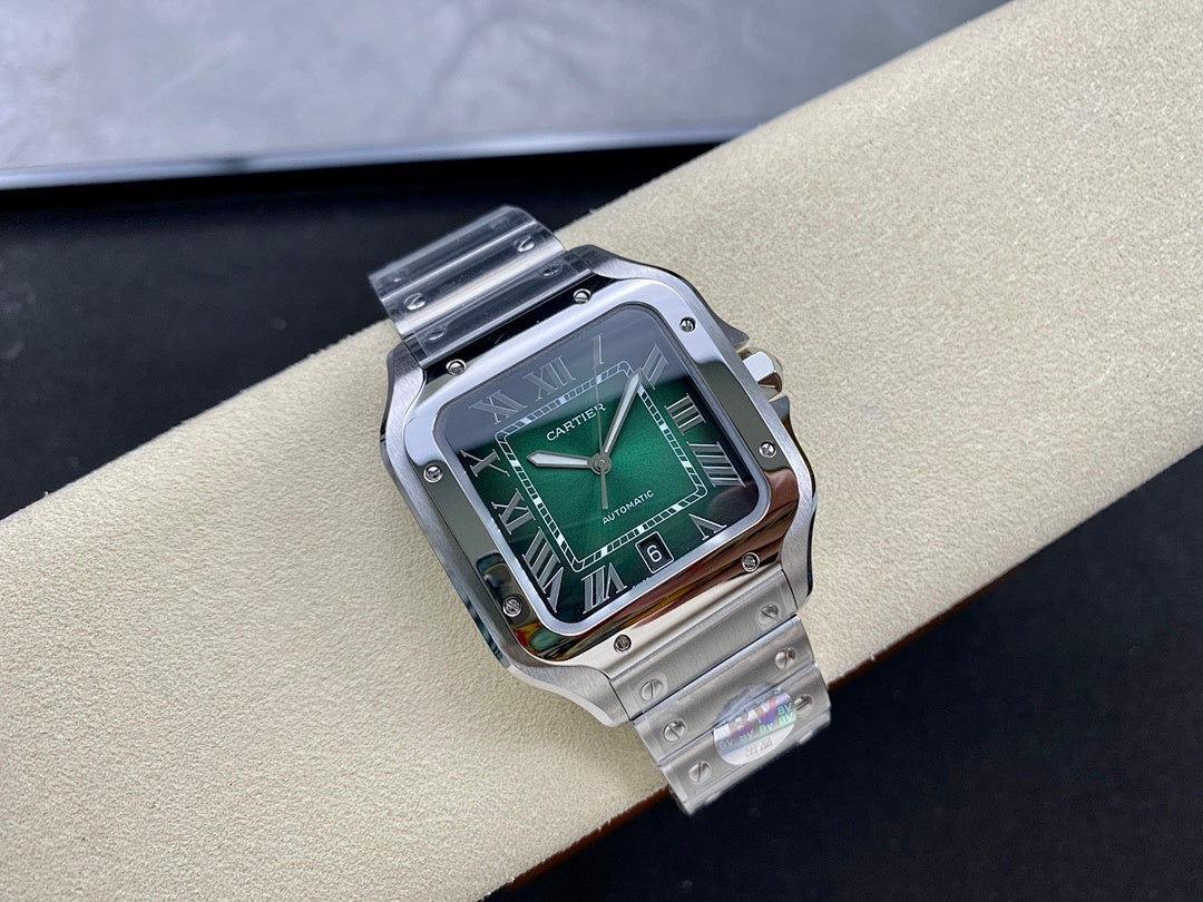 Men's Cartier wristwatch with green dial on silver bracelet, Roman numerals