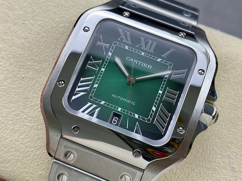 Cartier wristwatch face with green dial, Roman numeral markers, and black hands