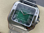 Cartier wristwatch face with green dial, Roman numeral markers, and black hands