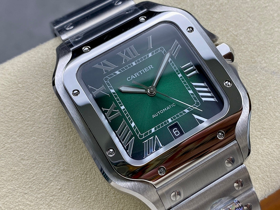 Cartier wristwatch with green dial, silver case and crown guard, Roman markers