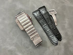 Stainless steel Cartier watch bracelets with two strap options: black and metal link