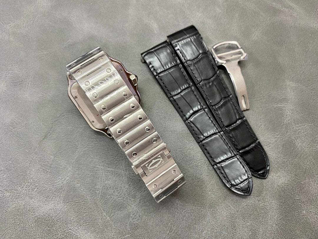 Stainless steel Cartier watch bracelets with two strap options: black and metal link