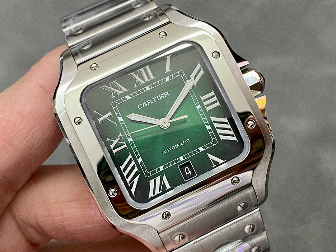 Cartier watch close-up front with green Roman numeral dial and steel case