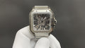 Luxury watch by Cartier with square skeleton dial and silver-toned metal case