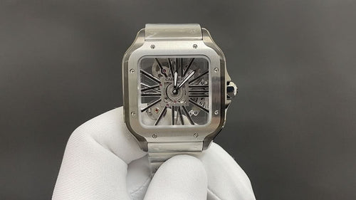 Luxury watch by Cartier with square skeleton dial and silver-toned metal case