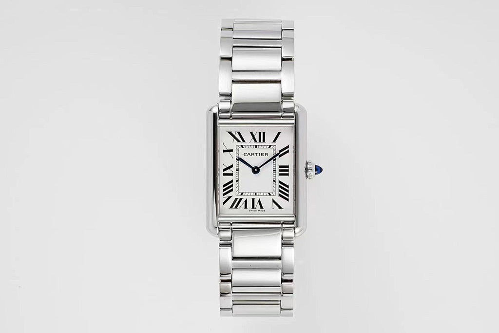 Cartier watch with rectangular silver dial, Roman numerals, and stainless steel bracelet