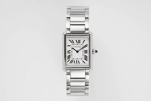 Cartier watch with rectangular silver dial, Roman numerals, and stainless steel bracelet