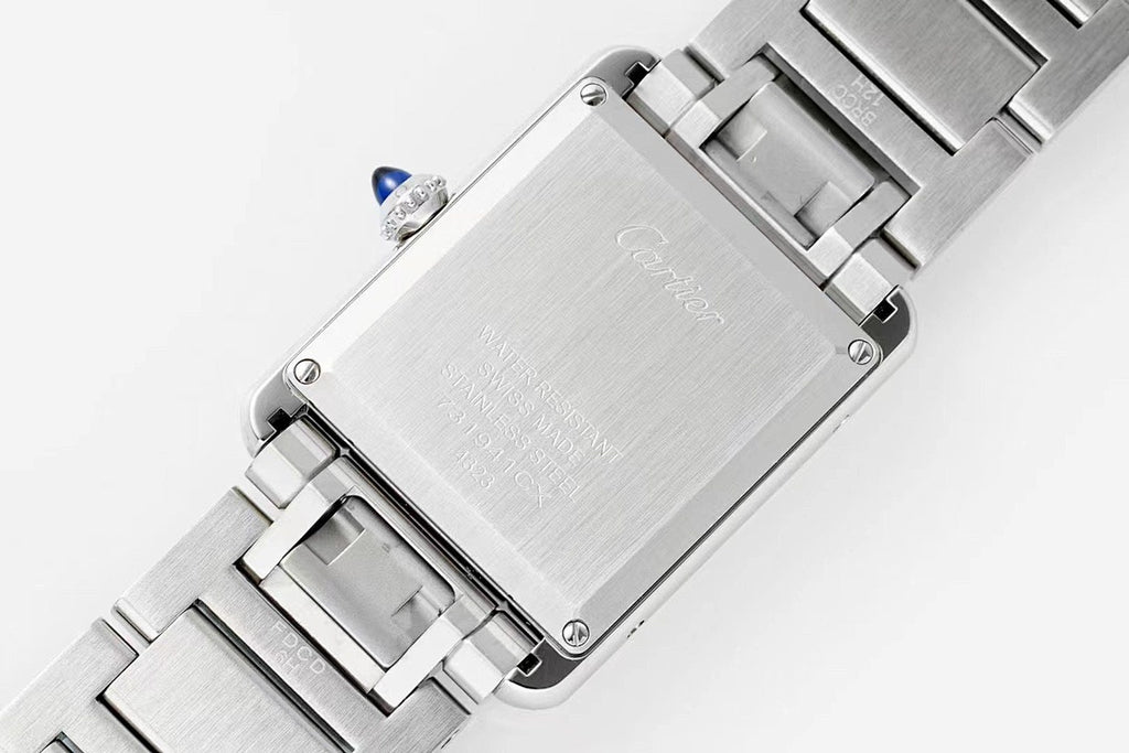 Cartier watch back with brushed silver case and stainless steel bracelet links