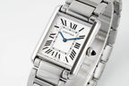 Cartier watch front view with Roman numeral dial, blue hands, and stainless bracelet