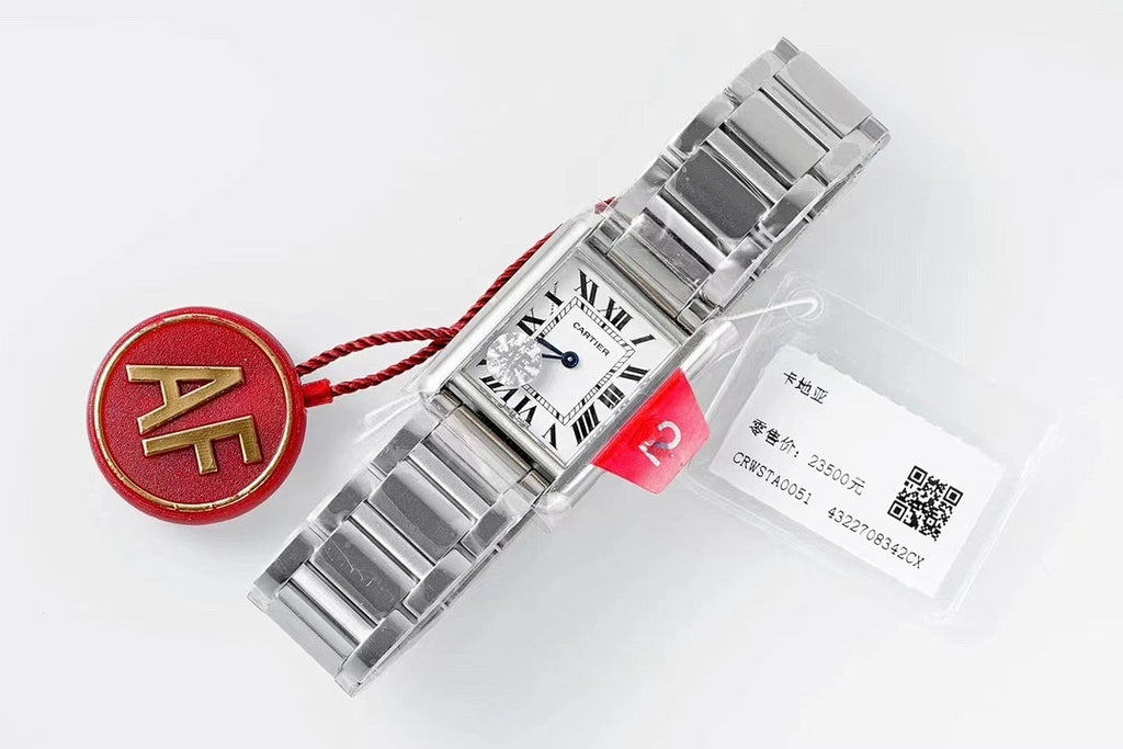 Cartier watch on tag with stainless steel bracelet and rectangular silver dial