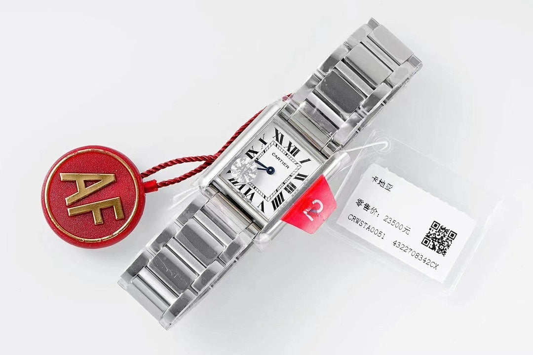 Cartier watch on tag with stainless steel bracelet and rectangular silver dial