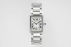Cartier watch front view with rectangular silver dial, Roman numerals, and steel bracelet